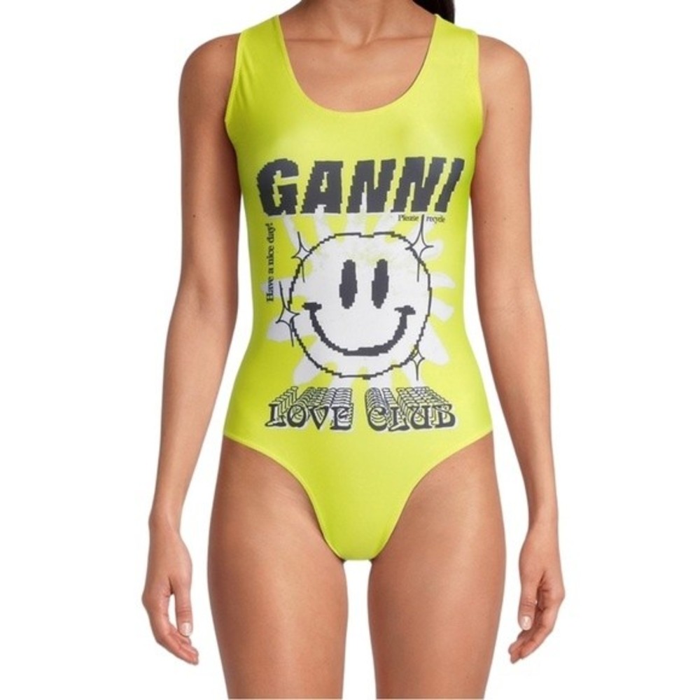 Ganni Graphic Print One Piece Swimsuit Neon Yellow Women’s Size 42 (US 12)